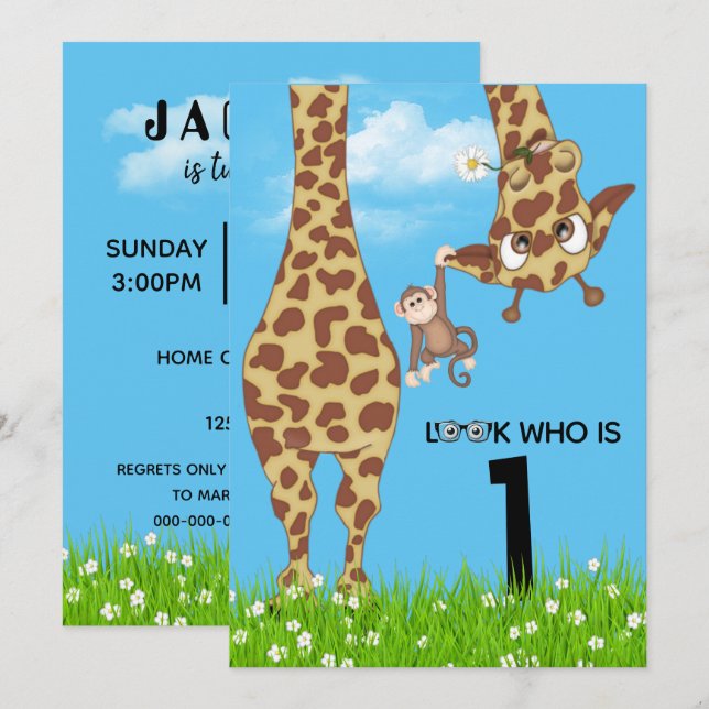 Invitation 1ère Giraffe d'anniversaire en herbe (Devant / Derrière)