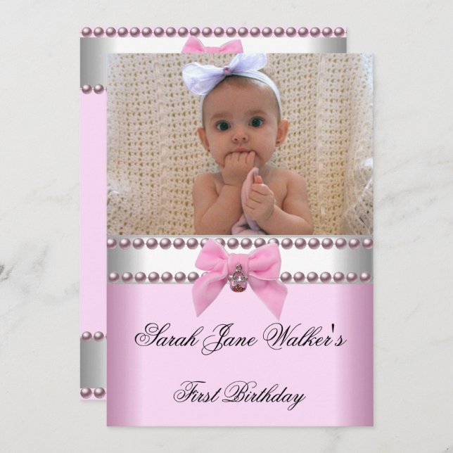 Invitation 1ère photo d'anniversaire de la fille rose perle b (Devant / Derrière)