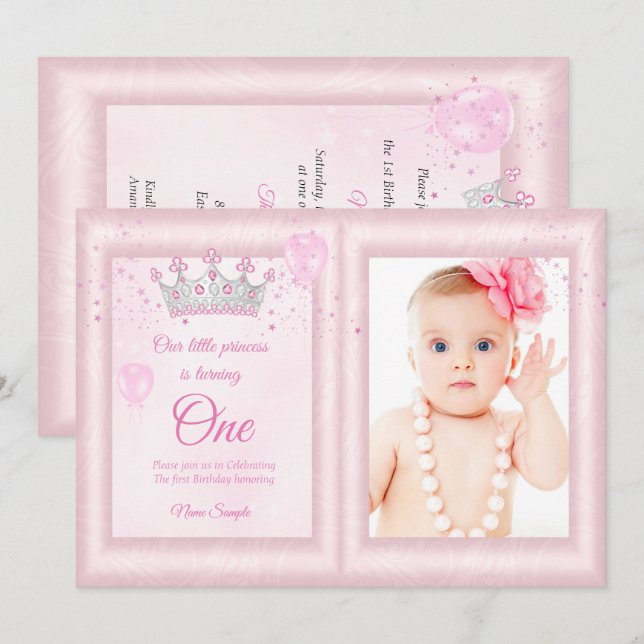 Invitation 1re Anniversaire filles Ballons rose photo (Devant / Derrière)