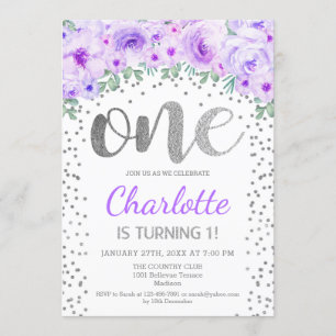 Invitation 1re fête d'anniversaire - Silver blanc violet