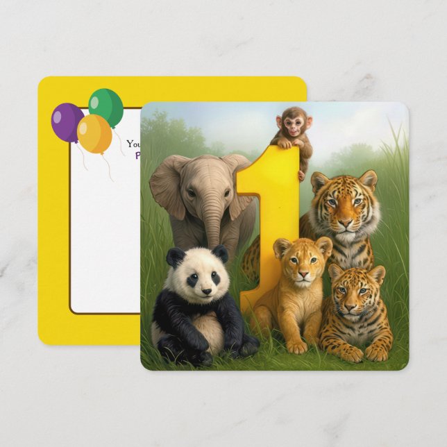 Invitation 1st Birthday Party Wildlife Animal Babies (Devant / Derrière)