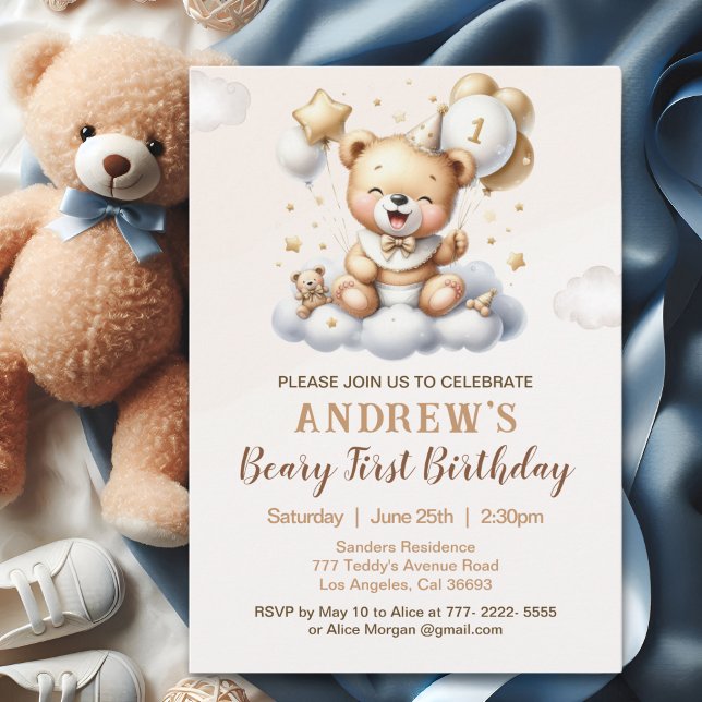 Invitation 1st Birthday Teddy Bear with Brown Balloons (Créateur téléchargé)