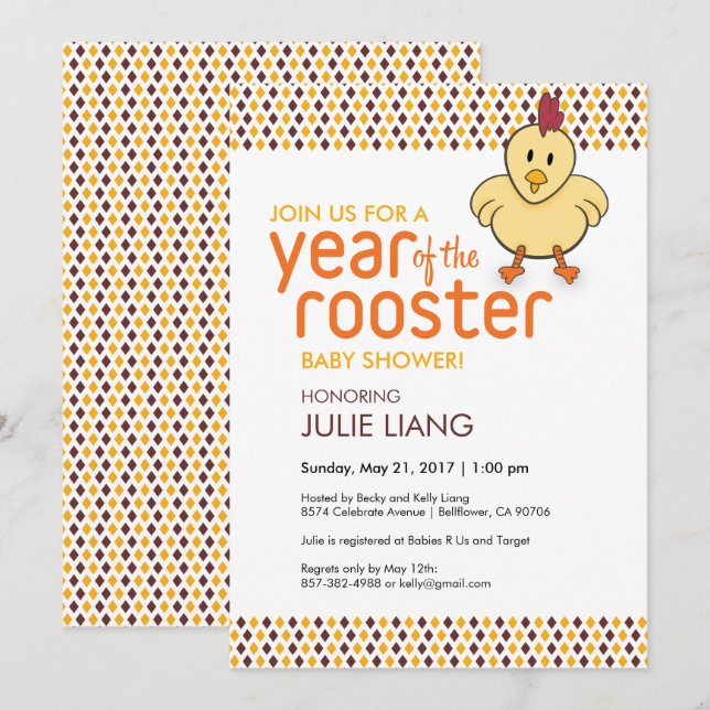 Invitation 2017 Année du Baby shower du coq (Devant / Derrière)