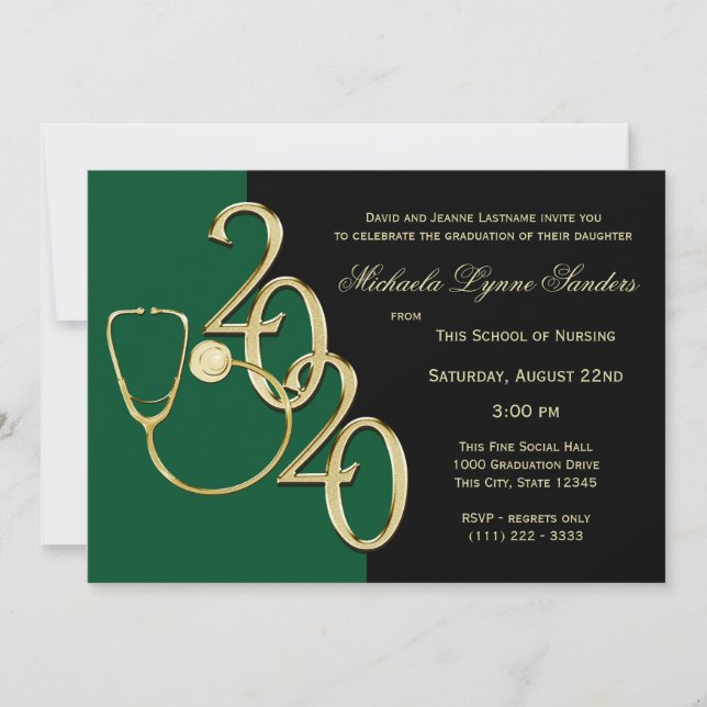 Invitation 2020 Infirmière Médicale Diplôme d'or vert (Devant)