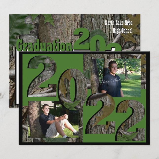 Invitation 2022 Arbre Camo Graduation Twin Photo Hunter Green (Devant / Derrière)