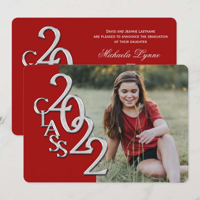 Invitation 2022 Silver and Red Graduation with Photo (Devant / Derrière)