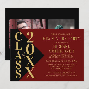 Invitation 2023 Diplômé Noir Rouge Moderne Éditable Couleur