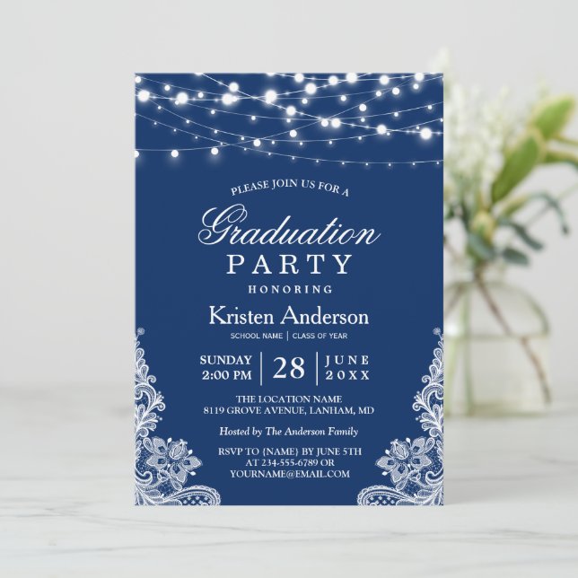 Invitation 2023 Graduation Party String Lights Marine Blue (Debout devant)