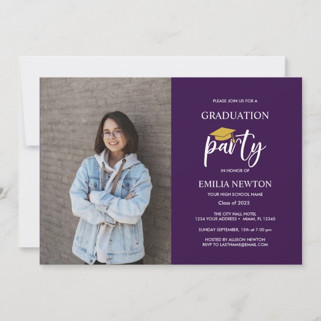 Invitation 2023 Purple and Gold Photo Graduation Party (Devant)