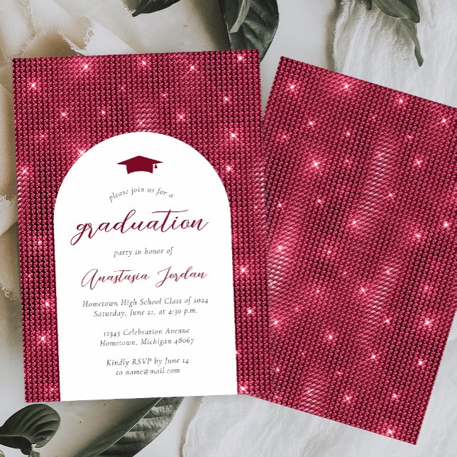 Invitation 2024 Glam Twinkling Burgundy Arch Graduation (Créateur téléchargé)