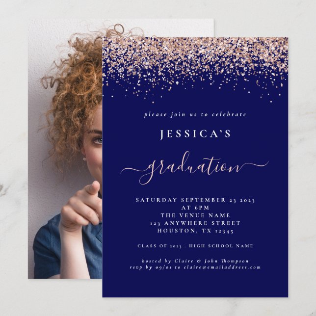 Invitation 2024 Graduation Photo Rose Parties scintillant d'o (Devant / Derrière)