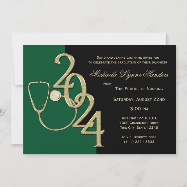 Invitation 2024 Infirmière Médicale Diplôme d'or vert (Devant)