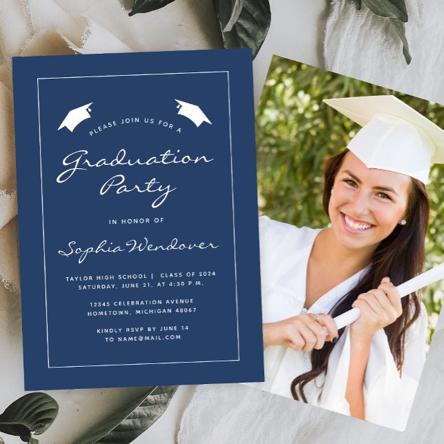 Invitation 2024 Navy Blue White Border Graduation Party (Créateur téléchargé)