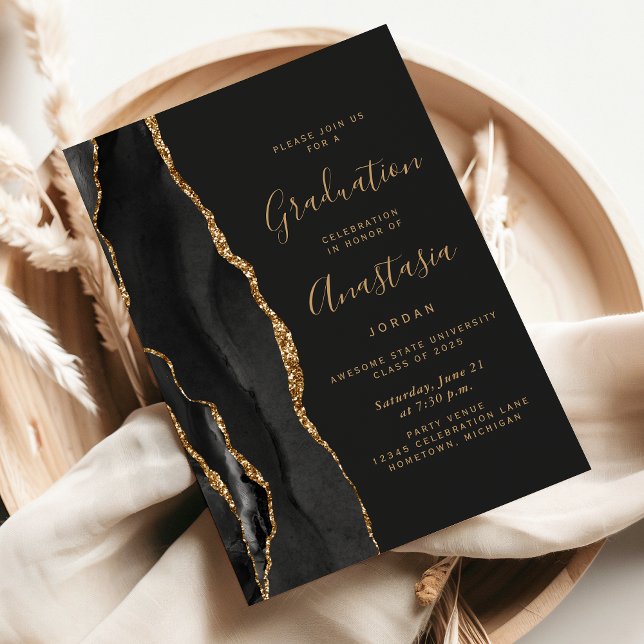Invitation 2025 Black Gold Agate Dark Graduation (Créateur téléchargé)