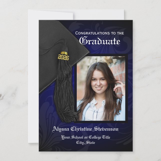 Invitation 2025 Elégant Blue Tassel Charm Photo Graduation (Devant)