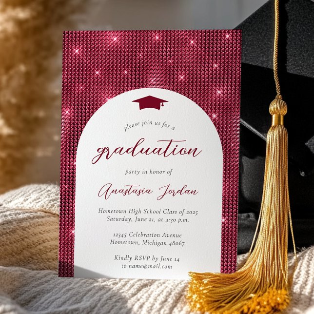 Invitation 2025 Glam Twinkling Burgundy Arch Graduation (Créateur téléchargé)