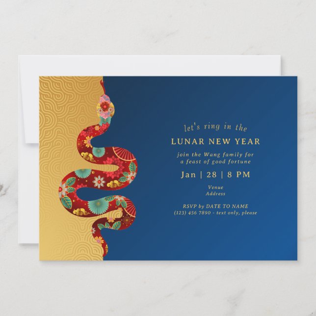 Invitation 2025 Nouvel An Lunaire Du Serpent Blue Gold Modern (Devant)