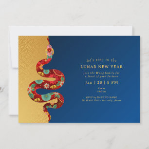 Invitation 2025 Nouvel An Lunaire Du Serpent Blue Gold Modern