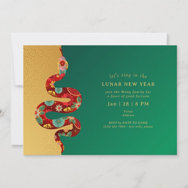 Invitation 2025 Nouvel An Lunaire Du Serpent Vert Or Moderne (Devant)