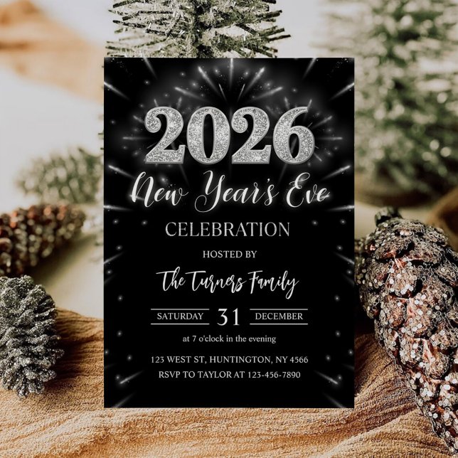 Invitation 2026 New Year's Eve Party Black & Silver Glitter (Créateur téléchargé)