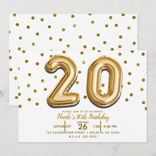 Invitation 20 Gold Balloons & Confetti 20e anniversaire