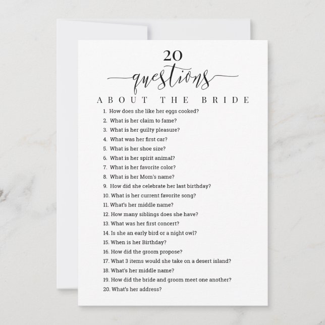 Invitation 20 Questions sur le jeu de la Fête des mariées des (Devant)