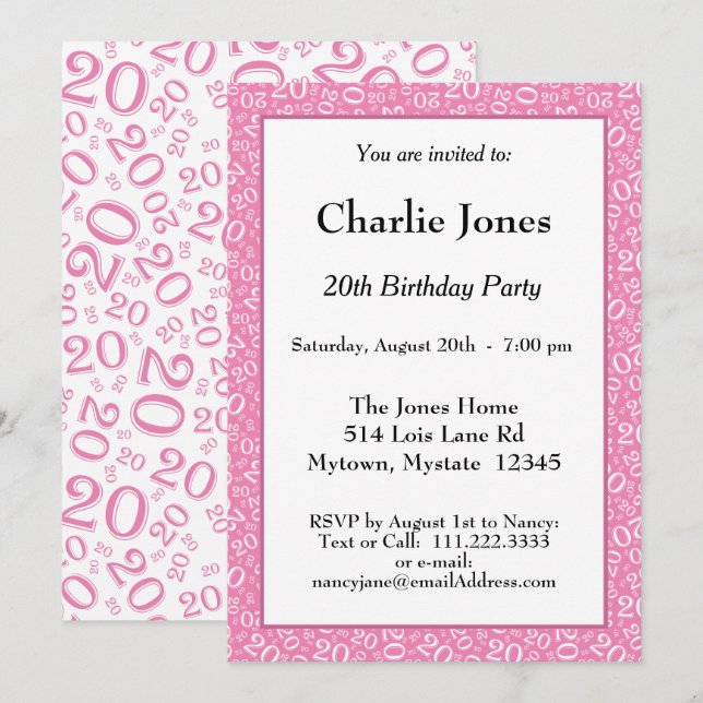 Invitation 20 - Random Number Motif rose/blanc 20e événement (Devant / Derrière)