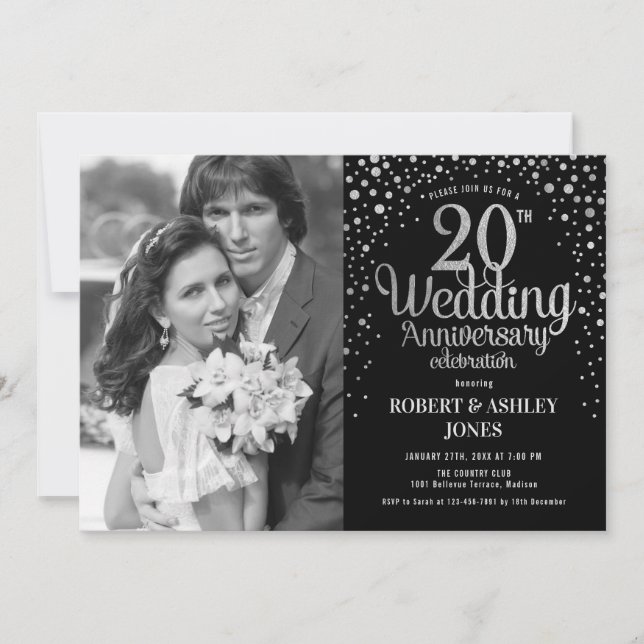 Invitation 20e Anniversaire - Argent Noir avec Photo (Devant)