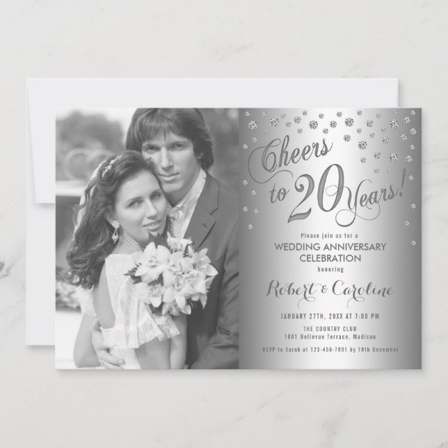 Invitation 20e anniversaire avec photo - argent diamant (Devant)