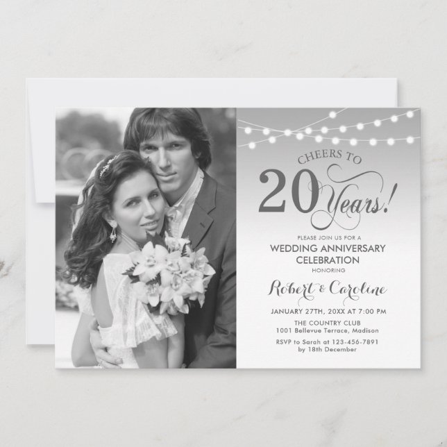 Invitation 20e anniversaire avec photo - blanc argenté (Devant)