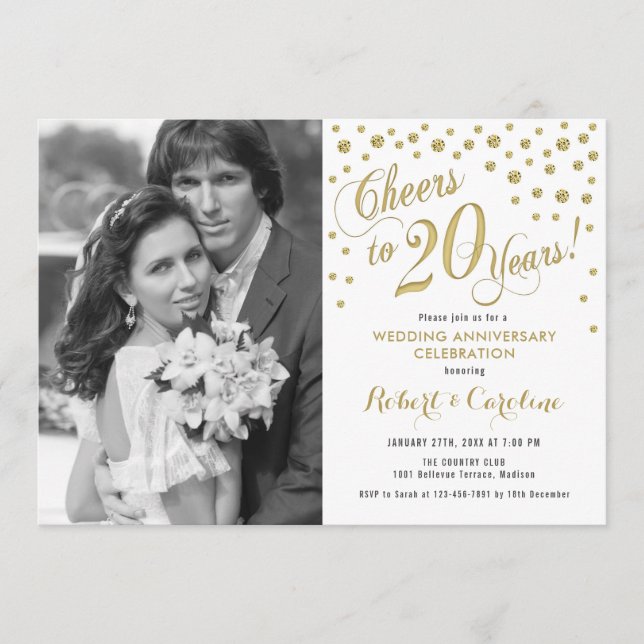 Invitation 20e anniversaire avec photo - Blanc Or (Devant)