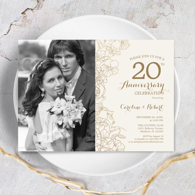 Invitation 20e anniversaire avec photo - Floral or et ivoire (Créateur téléchargé)