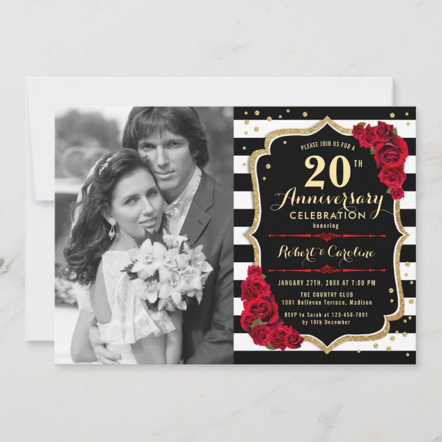 Invitation 20e anniversaire avec photo - Or Noir Rouge (Devant)