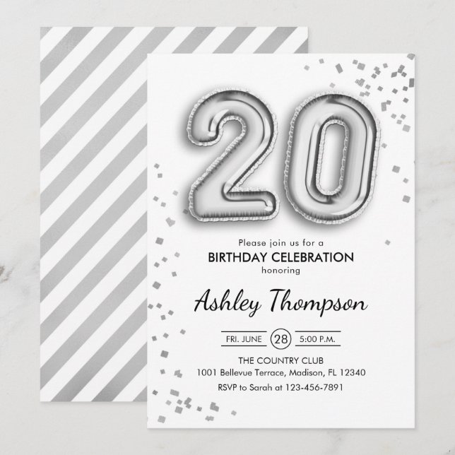 Invitation 20e anniversaire - Ballons d'argent (Devant / Derrière)