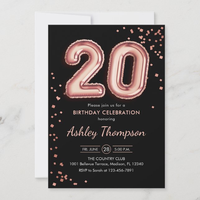 Invitation 20e anniversaire - Ballons d'or Rose Noir (Devant)