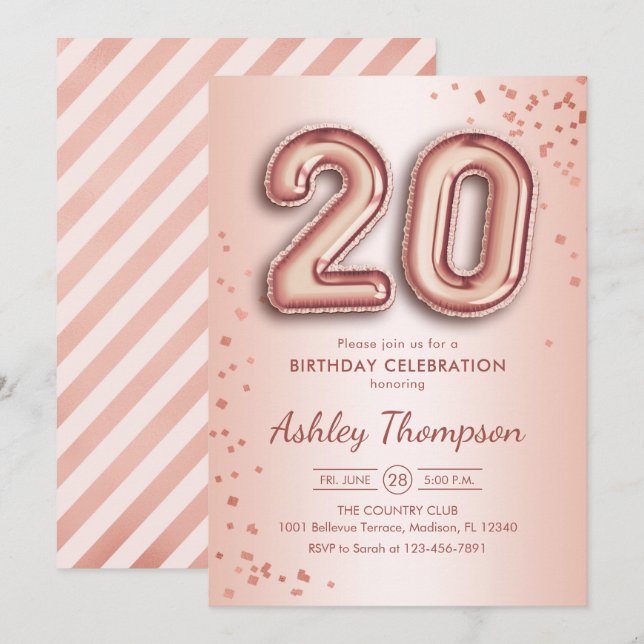 Invitation 20e anniversaire - Ballons d'or Roses (Devant / Derrière)