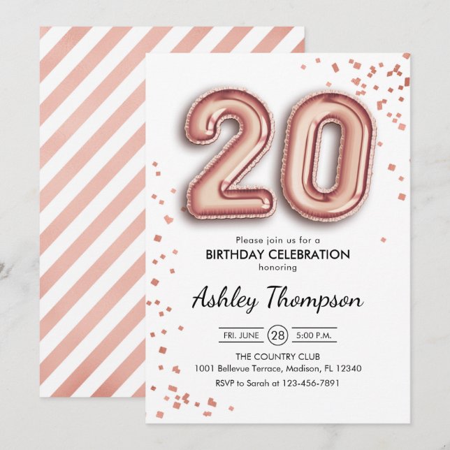 Invitation 20e anniversaire - Ballons d'or Roses (Devant / Derrière)