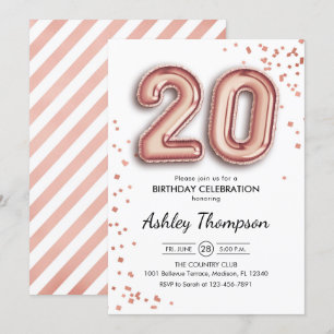 Invitation 20e anniversaire - Ballons d'or Roses
