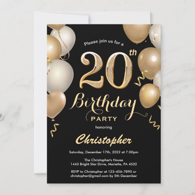 Invitation 20e anniversaire Black and Gold Balloons Confetti (Devant)