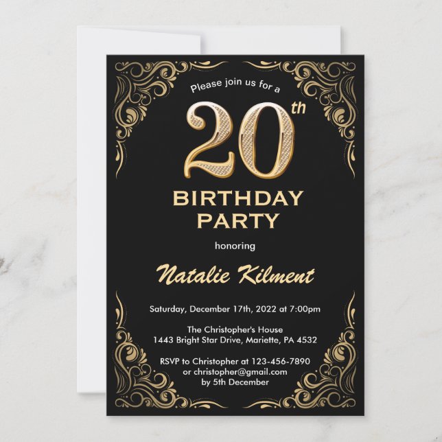 Invitation 20e anniversaire Black and Gold Parties scintillan (Devant)
