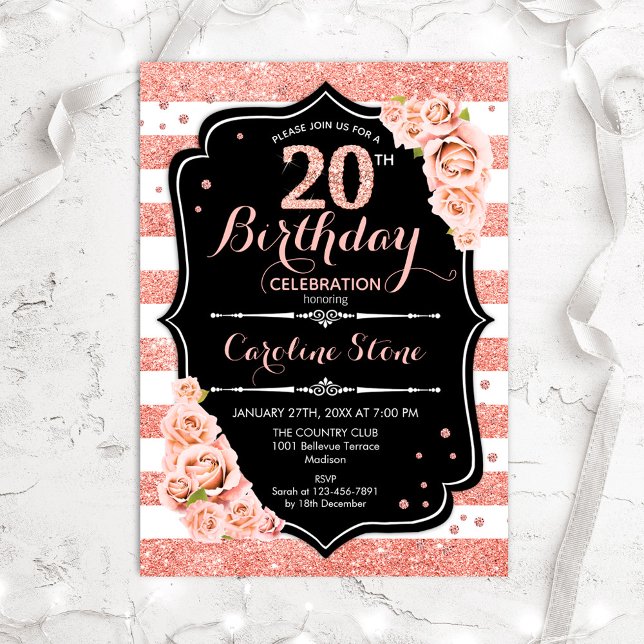 Invitation 20e anniversaire Black Rose Gold et White Stripes (Créateur téléchargé)