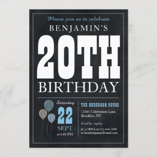 Invitation 20e anniversaire Chalkboard Blue Balloon Rustic Ch