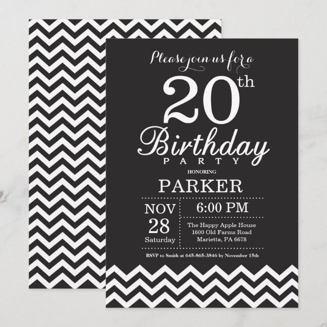 Invitation 20e anniversaire Chevron noir et blanc (Devant / Derrière)