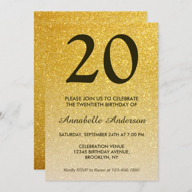 Invitation 20e anniversaire Classic Black Gold Parties scinti (Devant / Derrière)