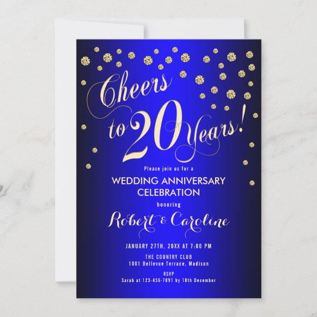 Invitation 20e anniversaire de mariage - Bleu Royal & Or (Devant)