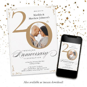 Invitation 20e Anniversaire de Mariage Calligraphie en Or Bla