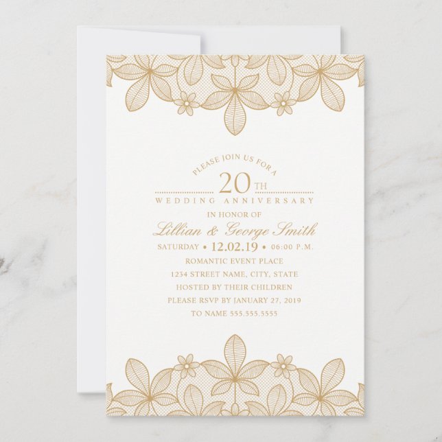 Invitation 20e anniversaire de mariage élégant dentelle dorée (Devant)