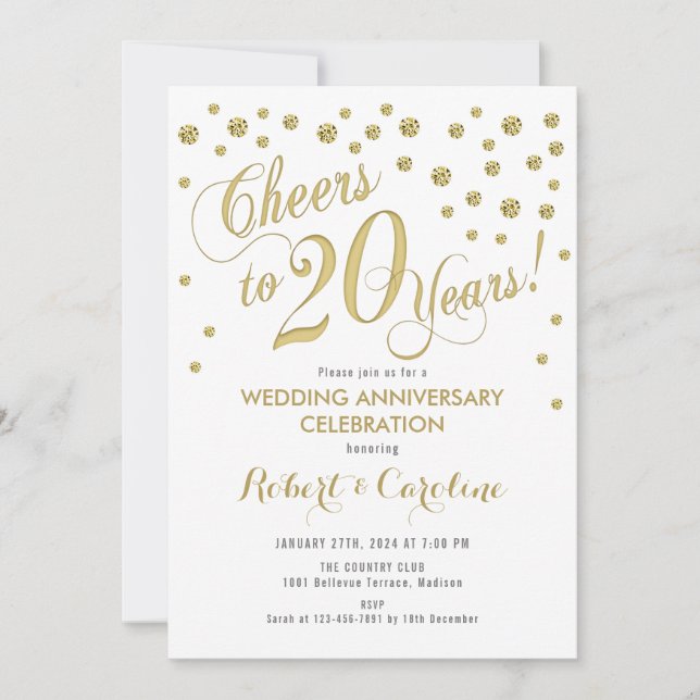 Invitation 20e anniversaire de mariage - Or et bla (Devant)