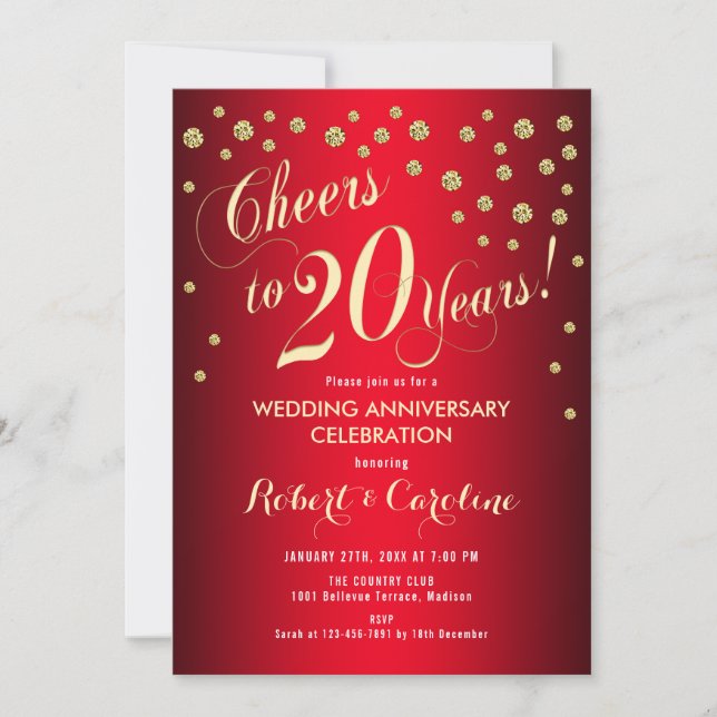 Invitation 20e anniversaire de mariage - Rouge & Or (Devant)