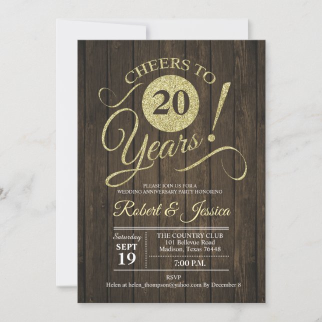 Invitation 20e anniversaire de Mariage rustique - Bois d'or (Devant)
